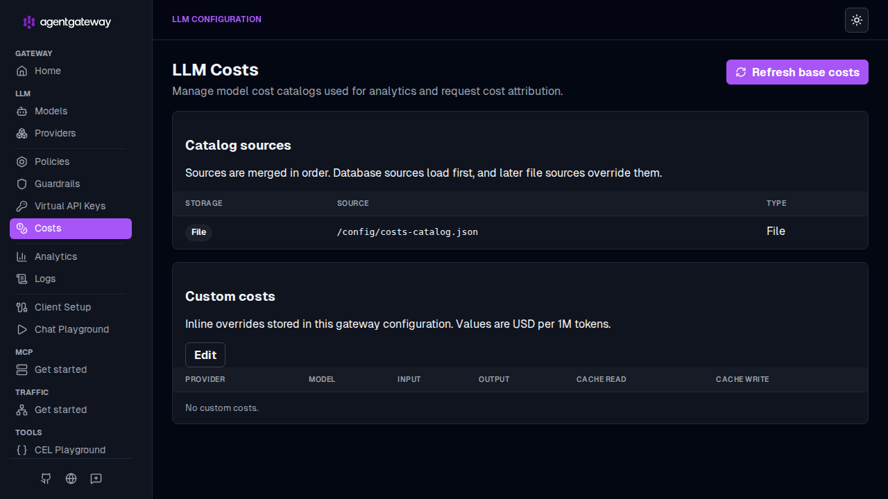 Admin UI LLM Costs page showing catalog sources and custom cost overrides